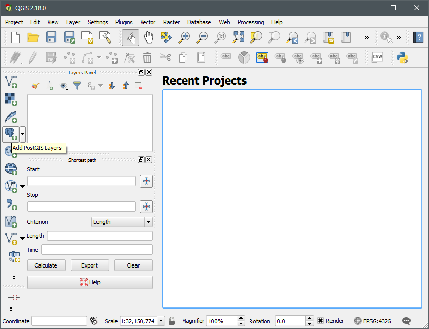 Opening PostGIS Layers window Opening PostGIS Layers window