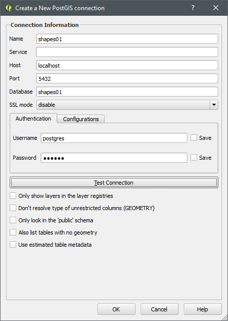 QGIS connection setting for our database QGIS connection setting for our database