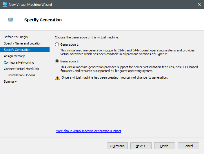 Select virtual machine generation Select virtual machine generation